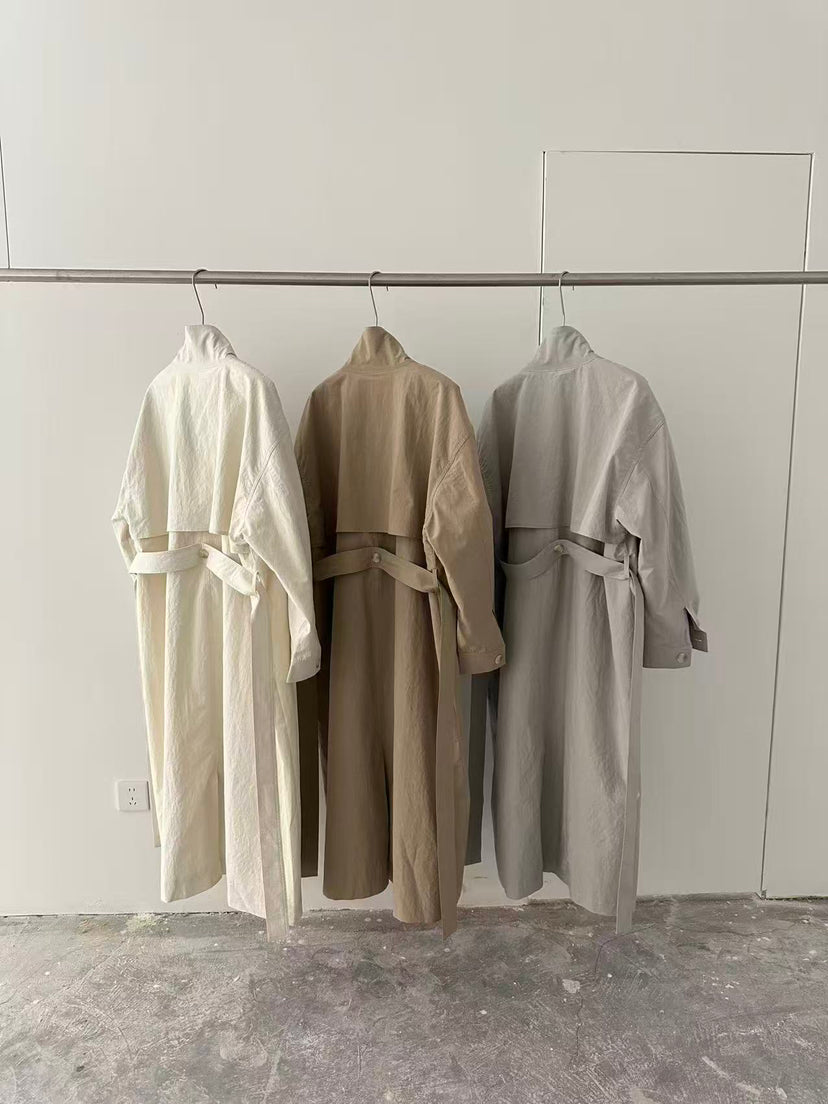 HE NATURAL Premium Classic Long Loose Trench Coat with Detachable Belt