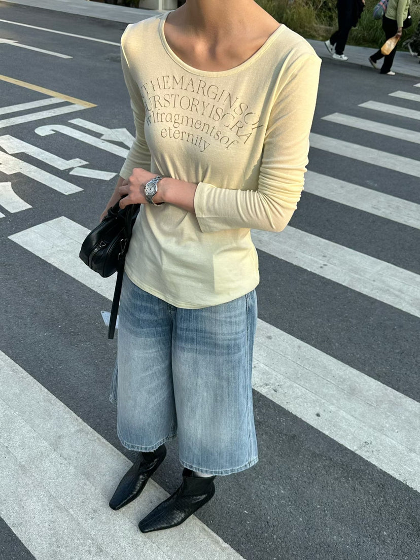 Chic Women's Spring U-Neck Slogan Print Long Sleeve T-Shirt - Lazy Style Casual Top