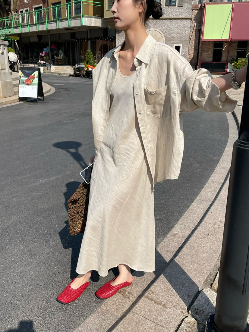 HE NATURAL Korean Style Loose Pocket Shirt & Minimalist Vest Dress Two-Piece Set