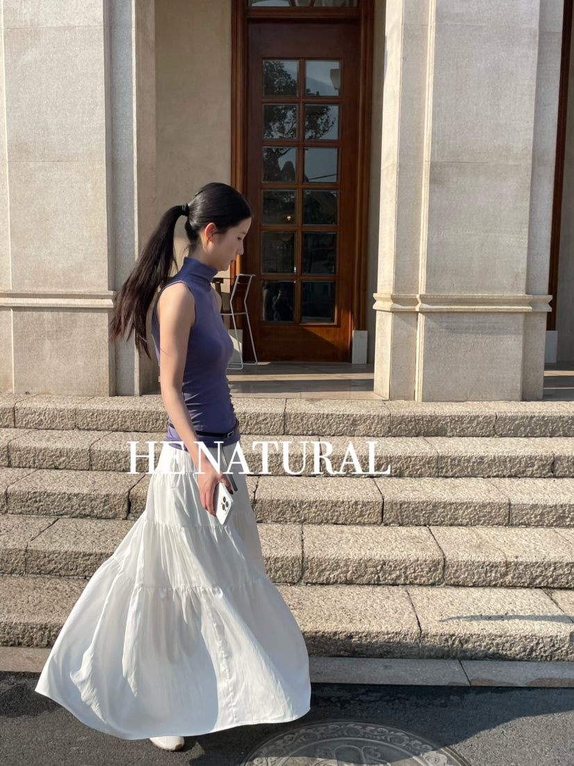 HE NATURAL Elegant High Neck Sleeveless Ruched Vest - Minimalist Summer Chic
