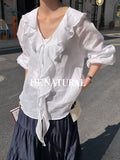 HE NATURAL Elegant Ruffled Tie-Neck Blouse - Spring Lantern Sleeve Pullover
