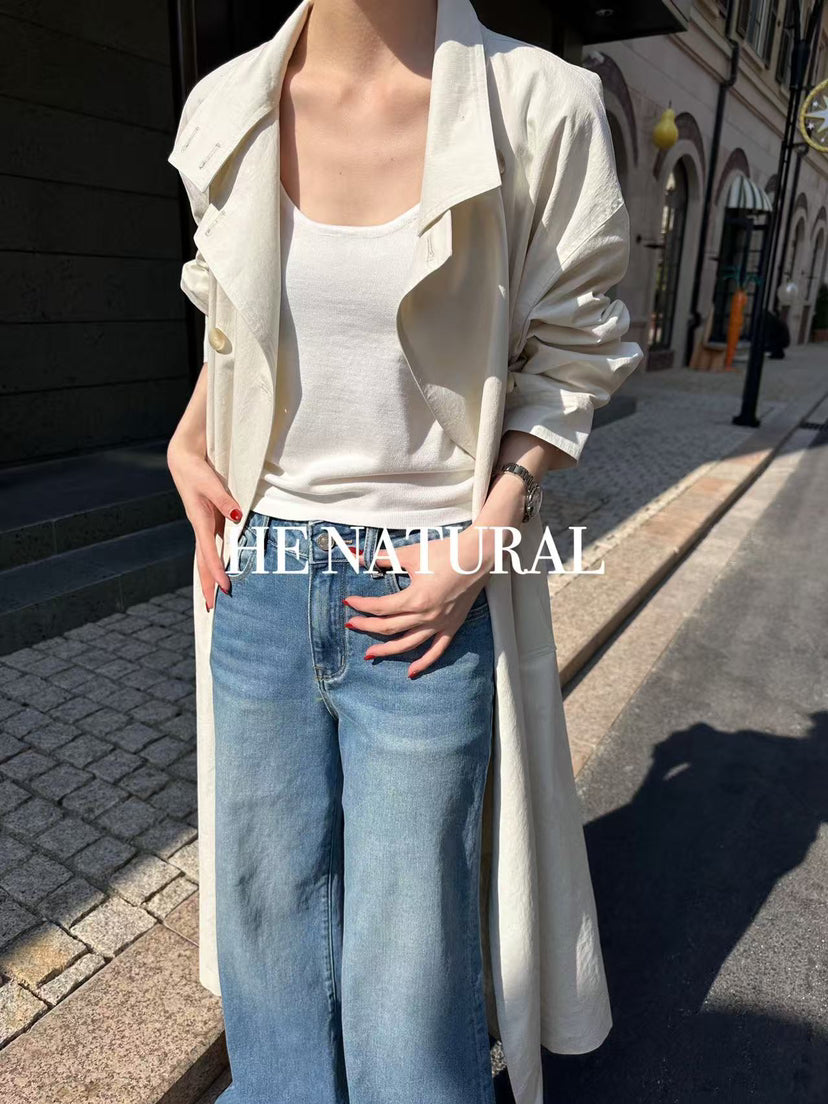 HE NATURAL Premium Classic Long Loose Trench Coat with Detachable Belt