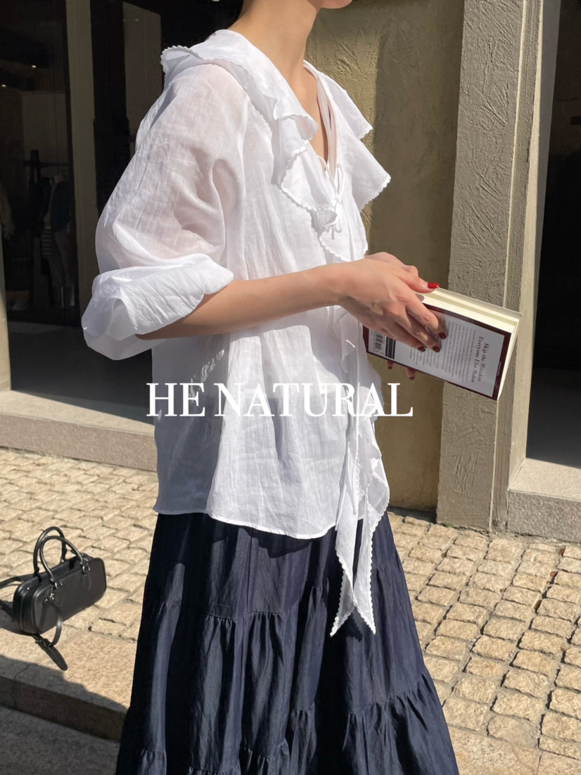 HE NATURAL Elegant Ruffled Tie-Neck Blouse - Spring Lantern Sleeve Pullover
