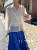 HE NATURAL French Asymmetric Knotted Design Shirt - Elegant Spring Business Casual Blouse