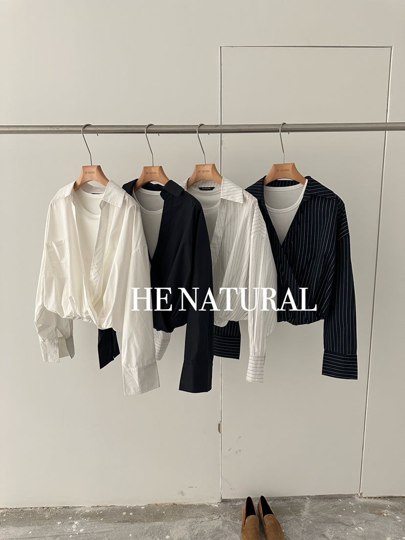 HE NATURAL Designer Fake Two-Piece Striped Shirt - 2026 Spring Collection Chic Long Sleeve Pullover