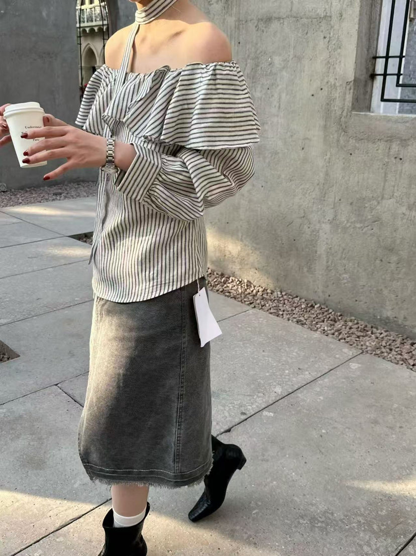 Spring 2026 Collection! [HE NATURAL] Elegant Boat Neck Striped Blouse (with Streamer) 88126# MXN