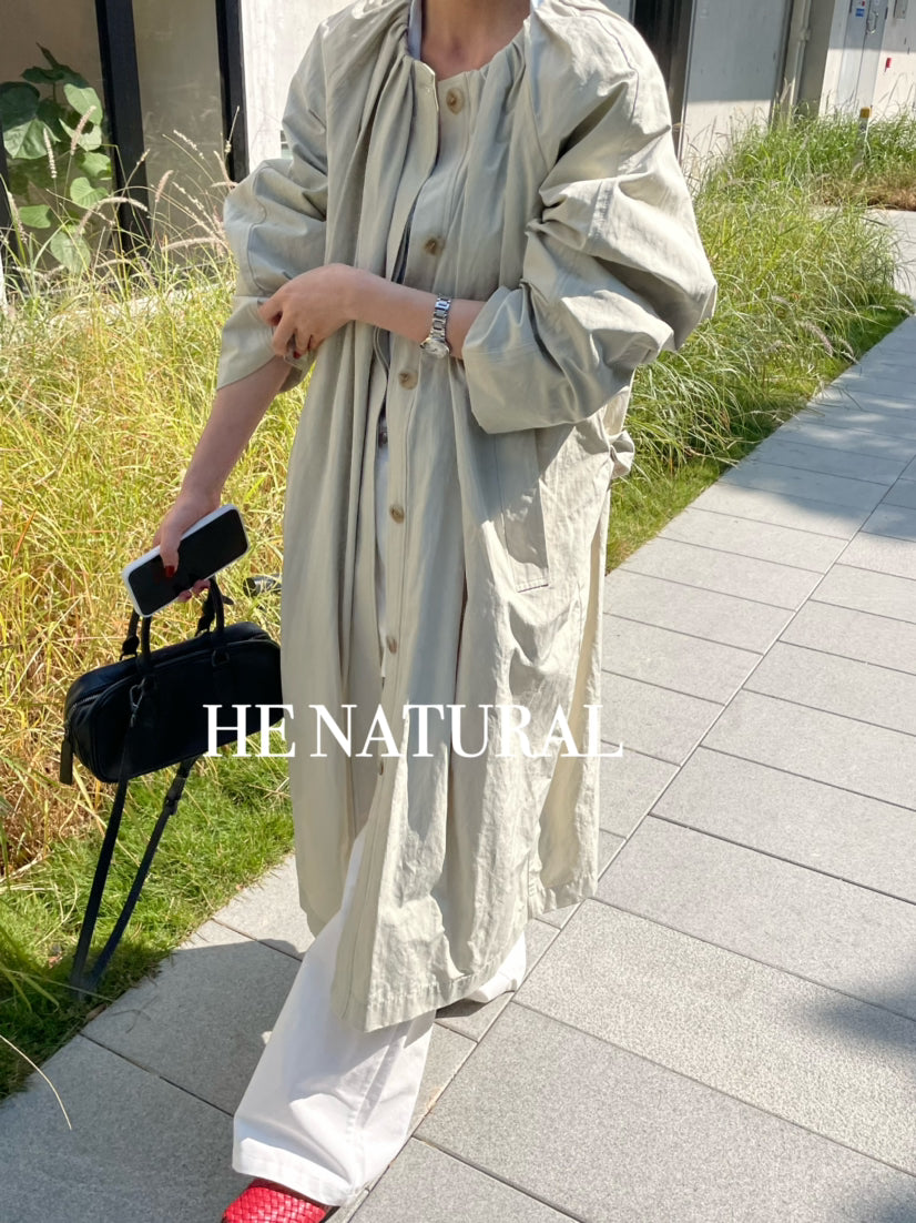HE NATURAL 2026 Spring Collection Minimalist Long Loose Fit Trench Coat with Belt