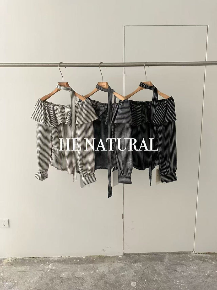 Spring 2026 Collection! [HE NATURAL] Elegant Boat Neck Striped Blouse (with Streamer) 88126# MXN