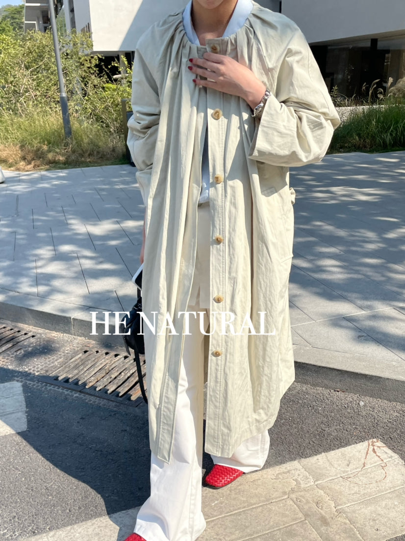 HE NATURAL 2026 Spring Collection Minimalist Long Loose Fit Trench Coat with Belt