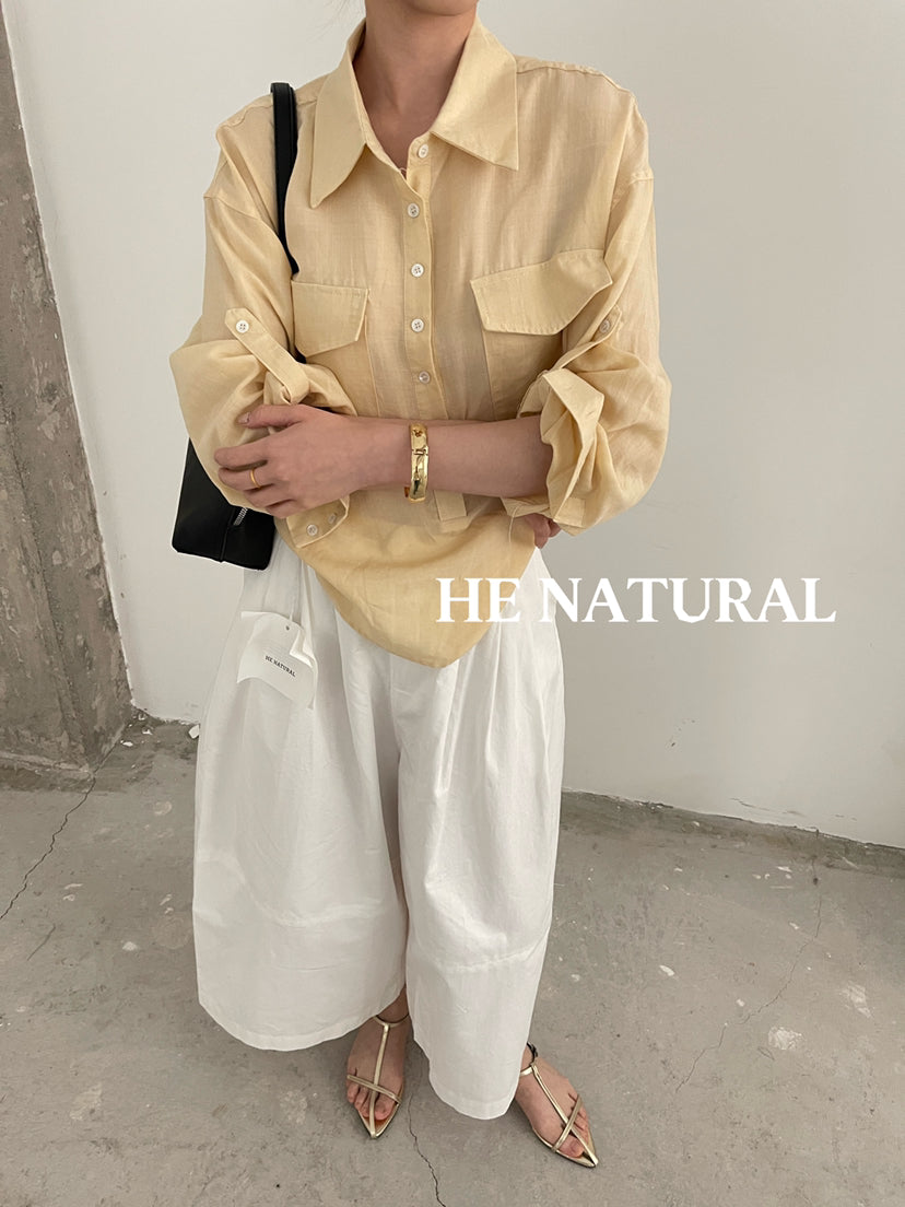 Premium HE NATURAL Ramie Casual Shirt with Shell Buttons - Elegant Spring Blouse