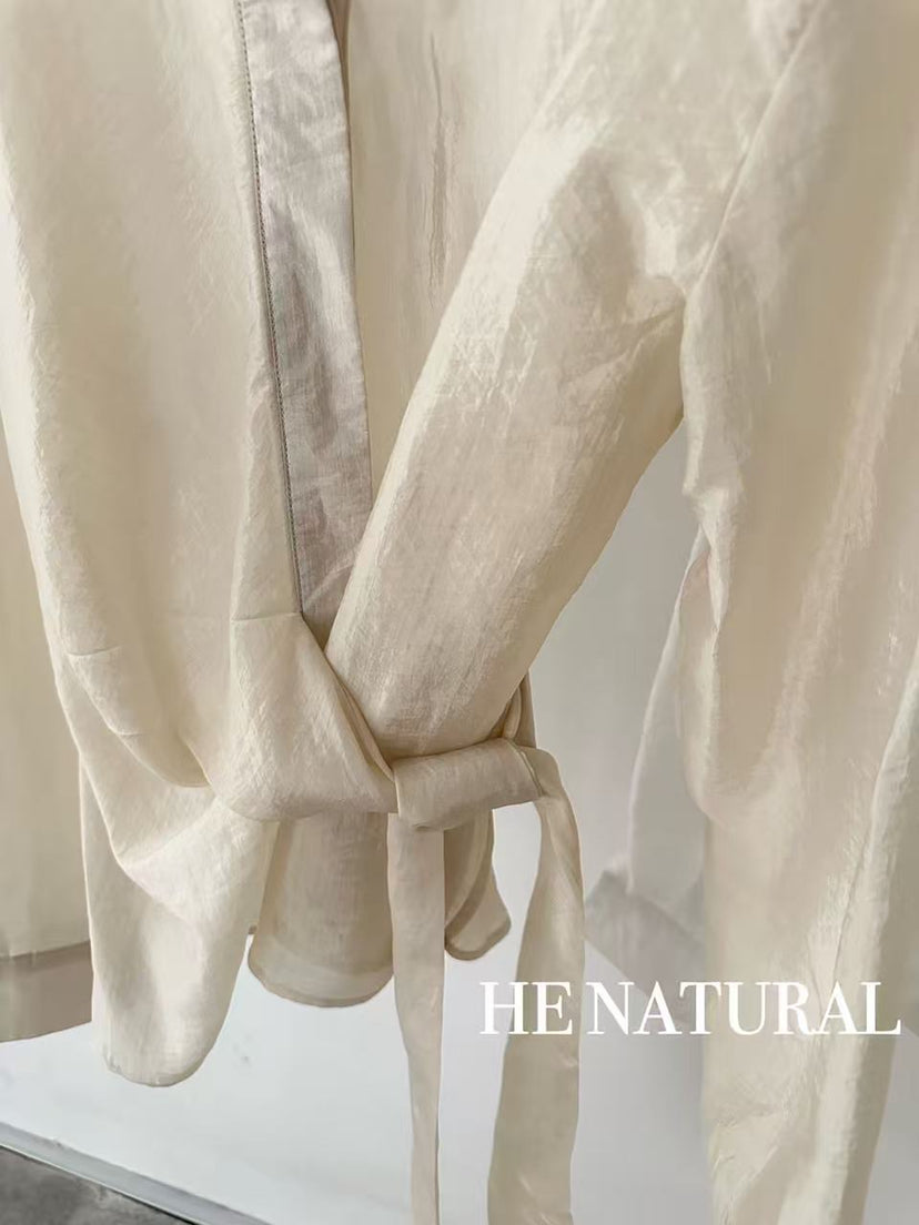 HE NATURAL French Asymmetric Knotted Design Shirt - Elegant Spring Business Casual Blouse