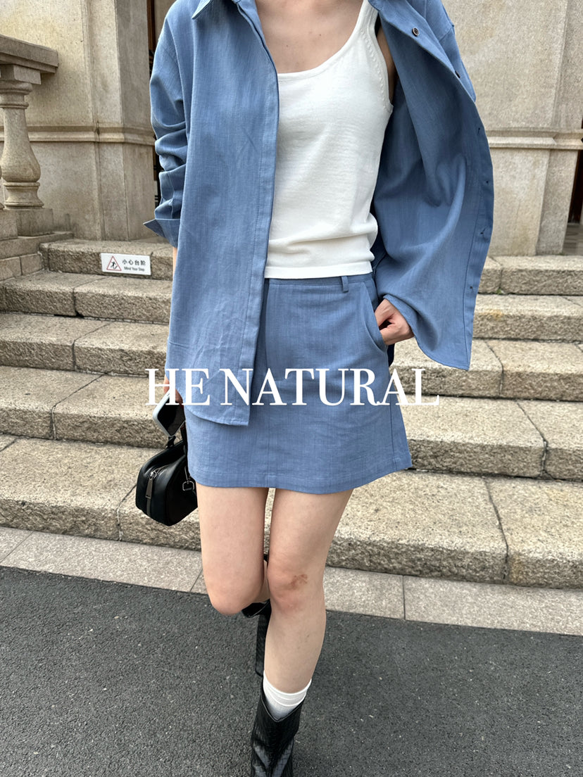 HE NATURAL Minimalist Korean Loose Shirt & A-Line Skort Anti-Exposure Two-Piece Set