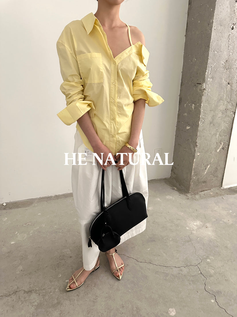 HE NATURAL Elegant One-Shoulder Pleated Blouse - Chic Spring Solid Color Top