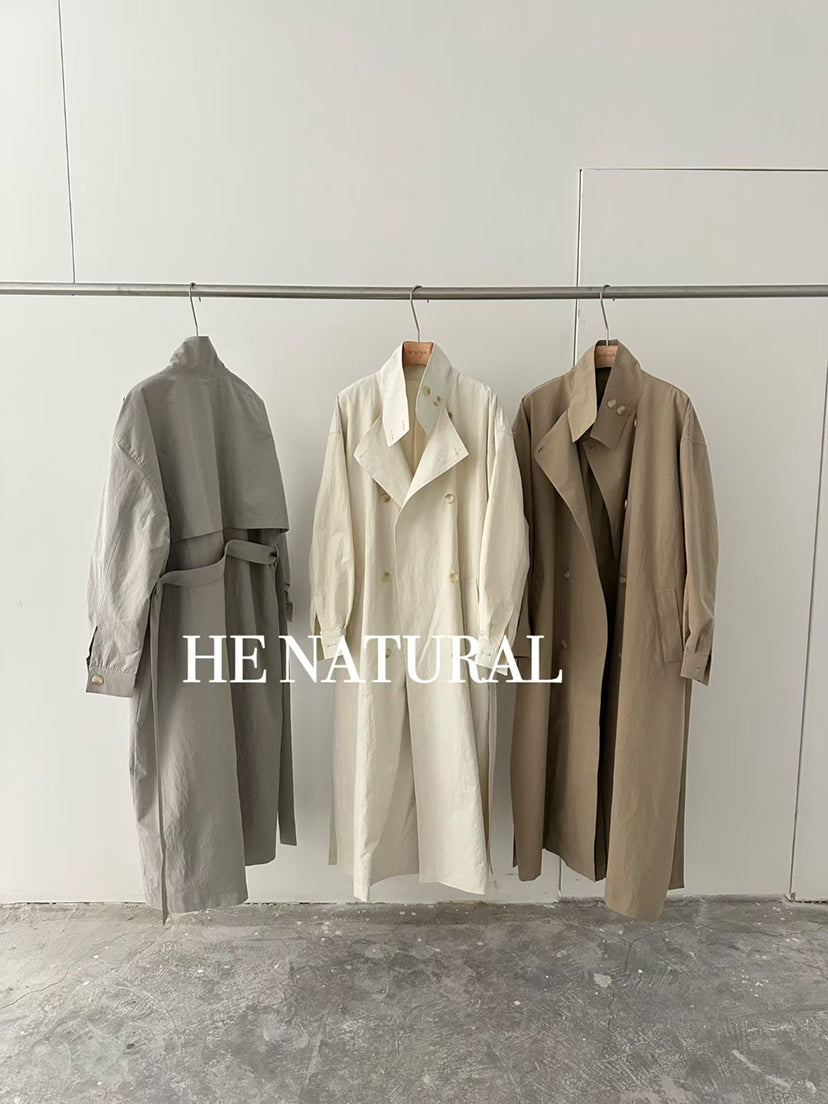 HE NATURAL Premium Classic Long Loose Trench Coat with Detachable Belt