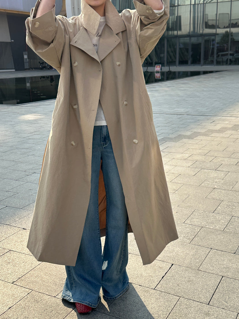 HE NATURAL Premium Classic Long Loose Trench Coat with Detachable Belt