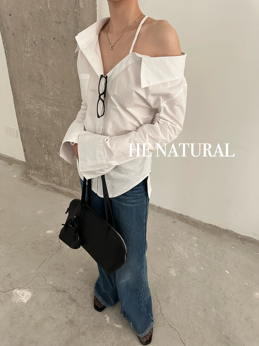 HE NATURAL Elegant One-Shoulder Pleated Blouse - Chic Spring Solid Color Top