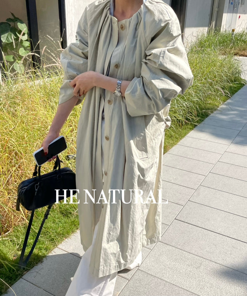 HE NATURAL 2026 Spring Collection Minimalist Long Loose Fit Trench Coat with Belt