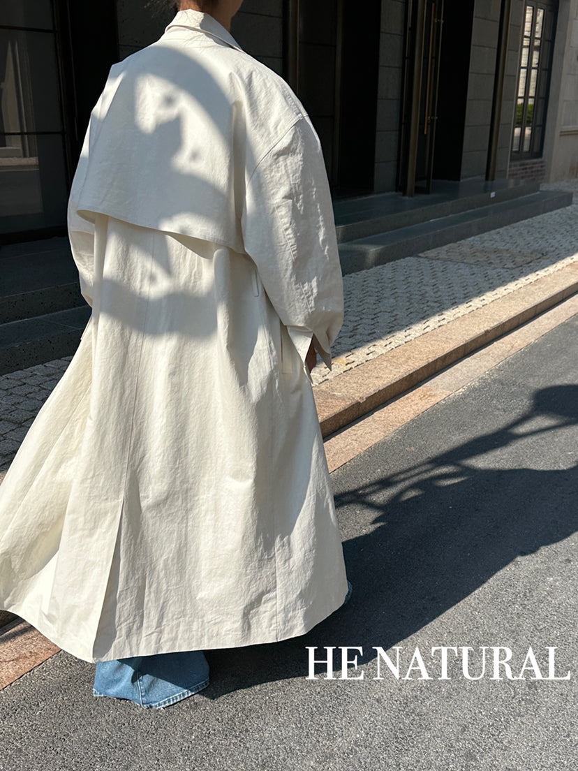 HE NATURAL Premium Classic Long Loose Trench Coat with Detachable Belt