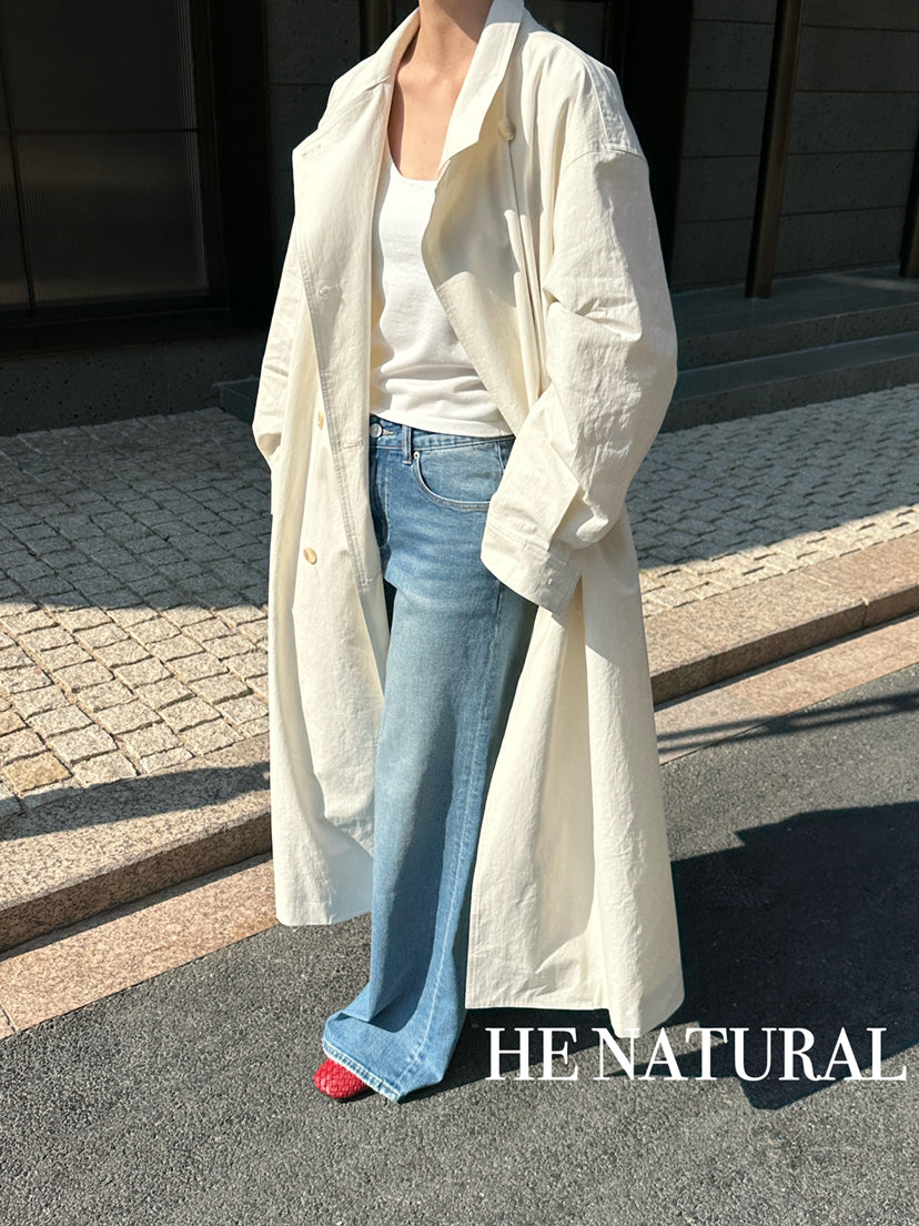 HE NATURAL Premium Classic Long Loose Trench Coat with Detachable Belt