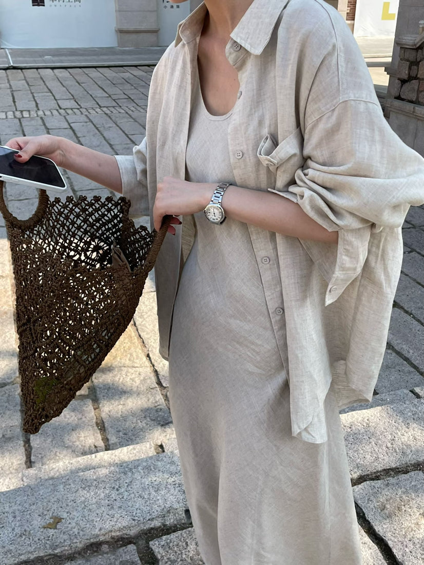 HE NATURAL Korean Style Loose Pocket Shirt & Minimalist Vest Dress Two-Piece Set