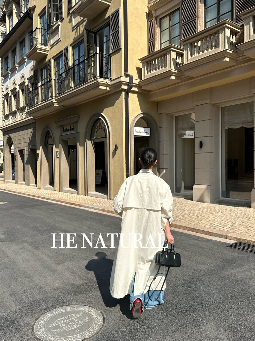 HE NATURAL Premium Classic Long Loose Trench Coat with Detachable Belt