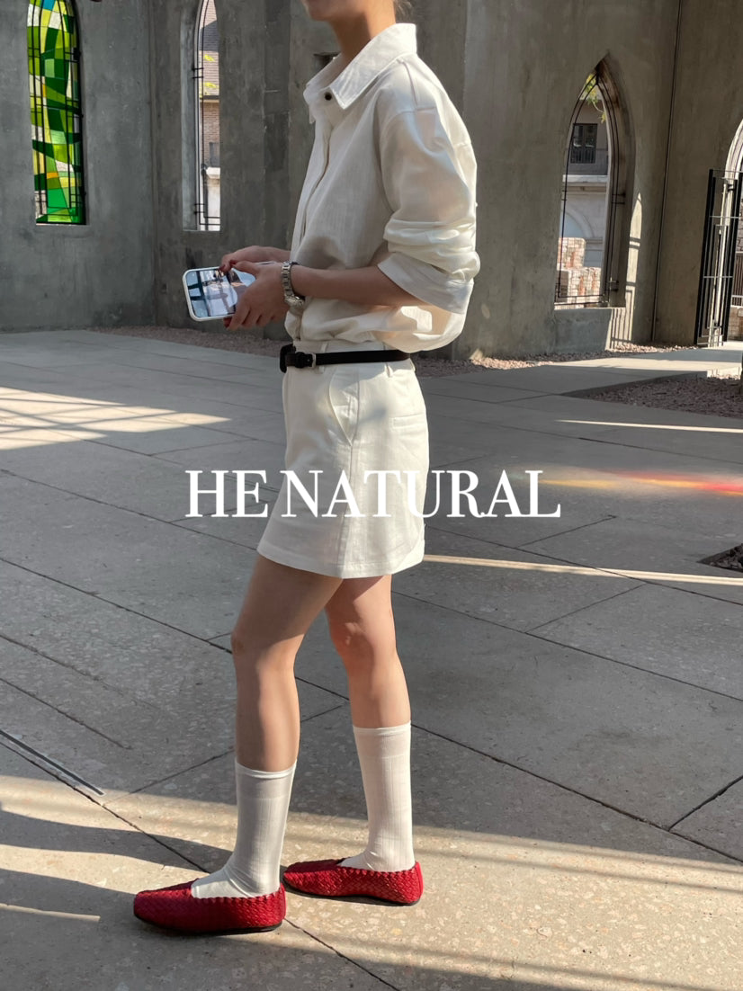 HE NATURAL Minimalist Korean Loose Shirt & A-Line Skort Anti-Exposure Two-Piece Set