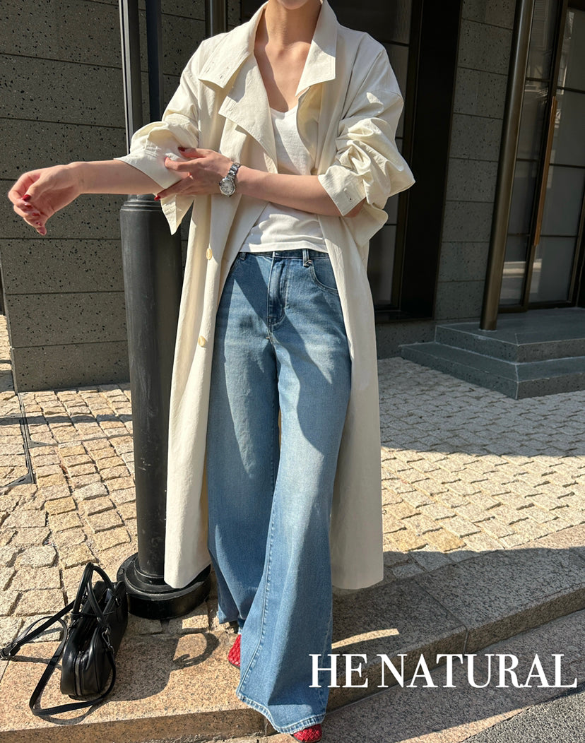 HE NATURAL Premium Classic Long Loose Trench Coat with Detachable Belt