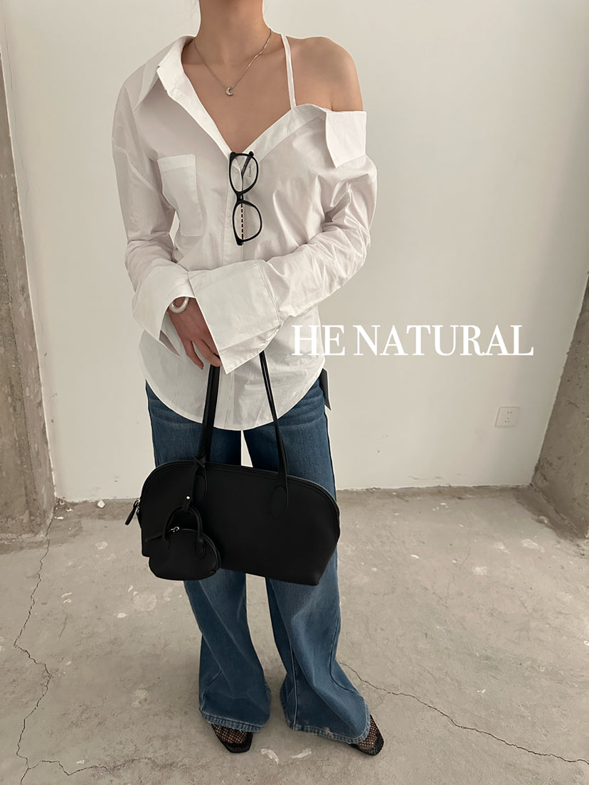 HE NATURAL Elegant One-Shoulder Pleated Blouse - Chic Spring Solid Color Top
