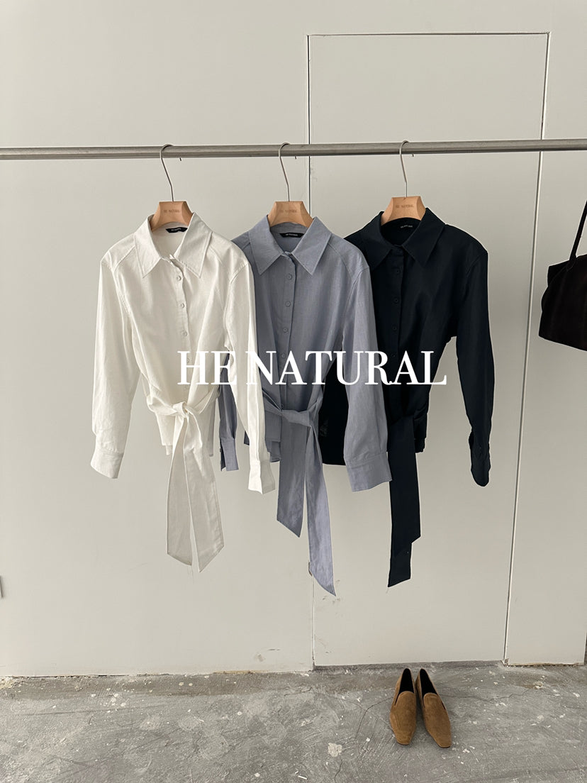 HE NATURAL Women's Minimalist Loose Fit Casual Spring Shirt with Adjustable Belt