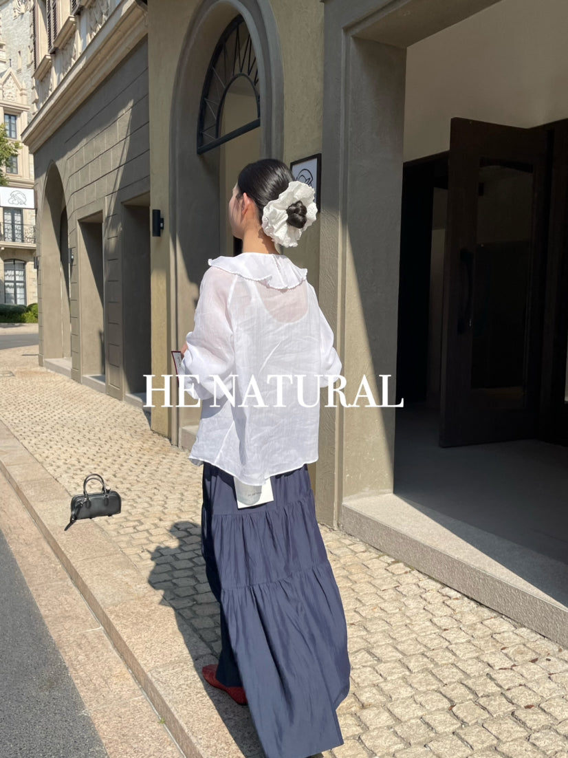 HE NATURAL Elegant Ruffled Tie-Neck Blouse - Spring Lantern Sleeve Pullover