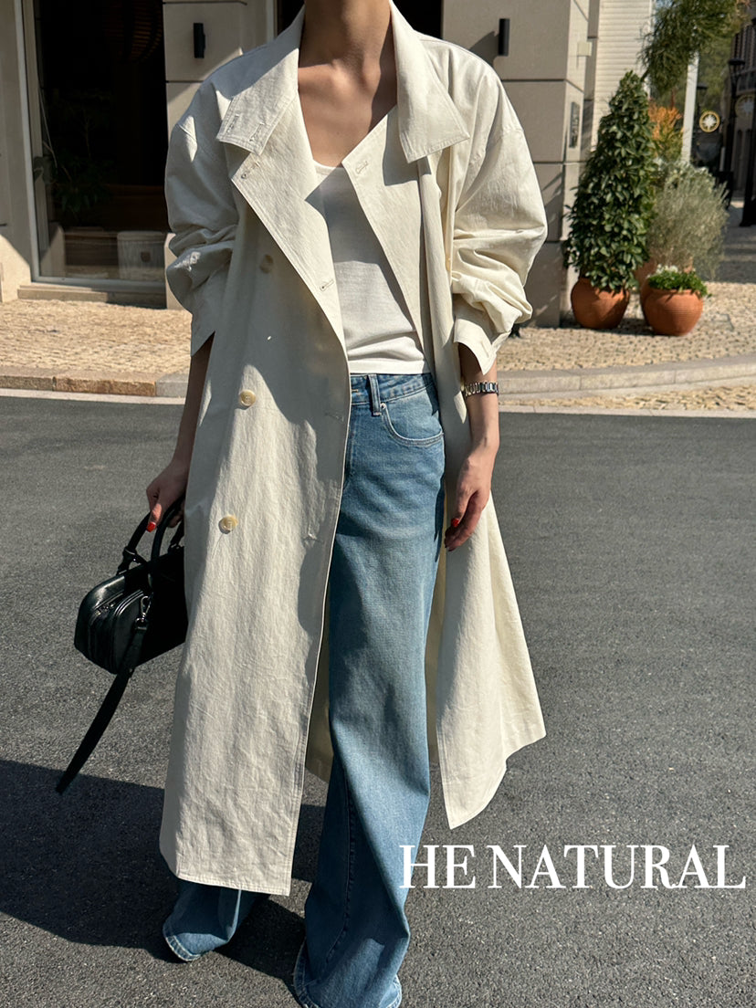 HE NATURAL Premium Classic Long Loose Trench Coat with Detachable Belt