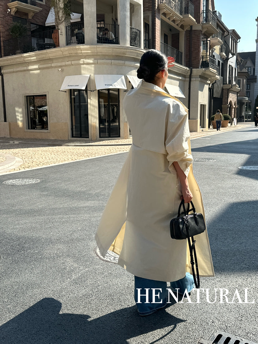 HE NATURAL Premium Classic Long Loose Trench Coat with Detachable Belt