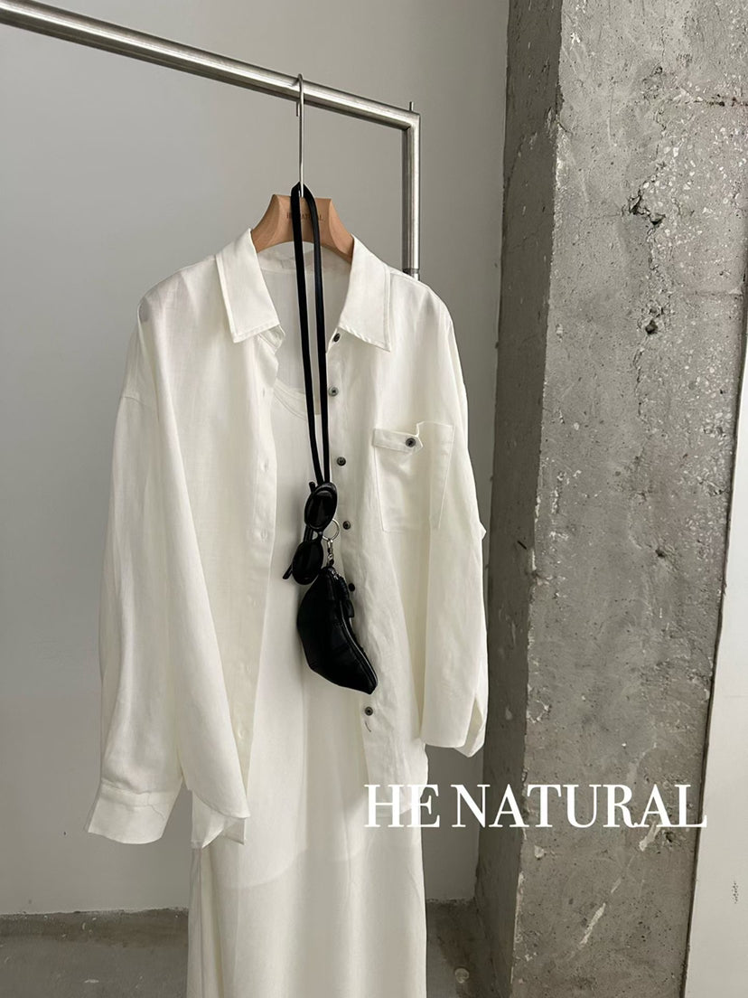 HE NATURAL Korean Style Loose Pocket Shirt & Minimalist Vest Dress Two-Piece Set