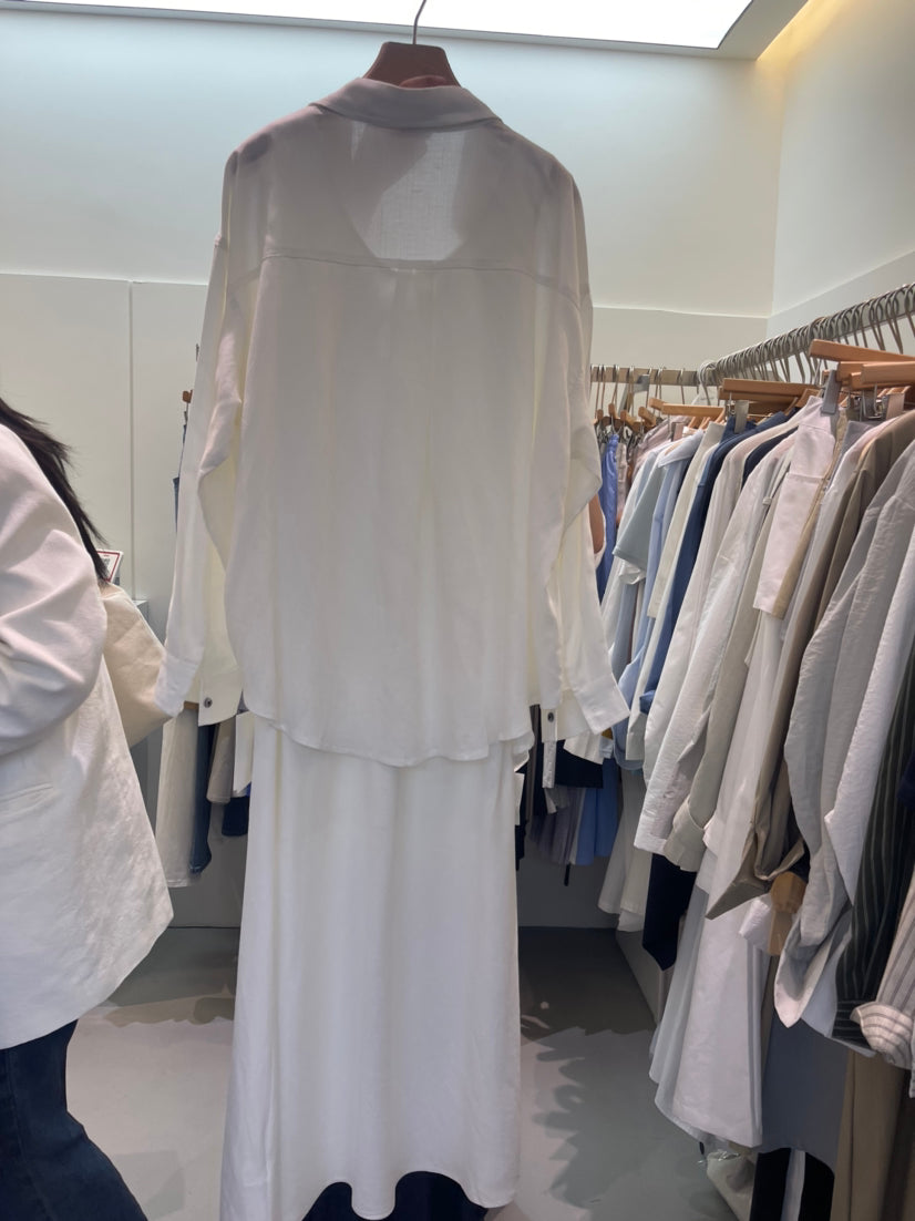 HE NATURAL Korean Style Loose Pocket Shirt & Minimalist Vest Dress Two-Piece Set