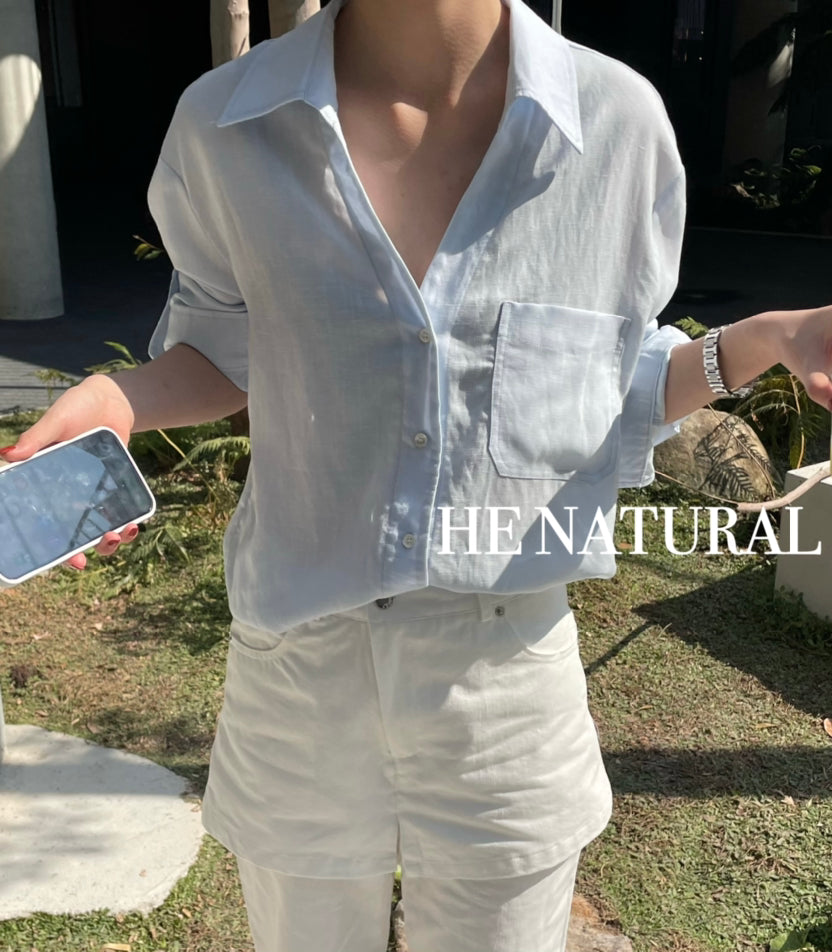 Premium HE NATURAL Ramie Casual Shirt with Shell Buttons - Elegant Spring Blouse