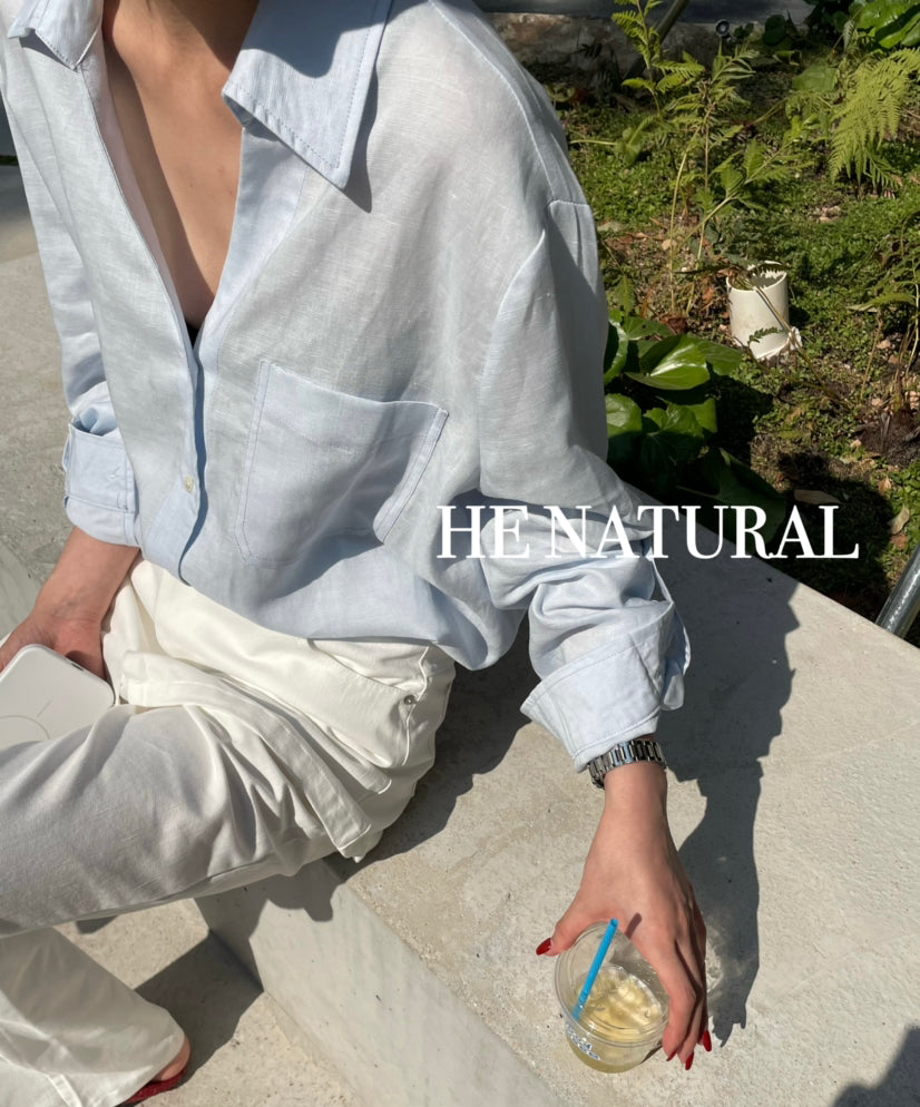 Premium HE NATURAL Ramie Casual Shirt with Shell Buttons - Elegant Spring Blouse