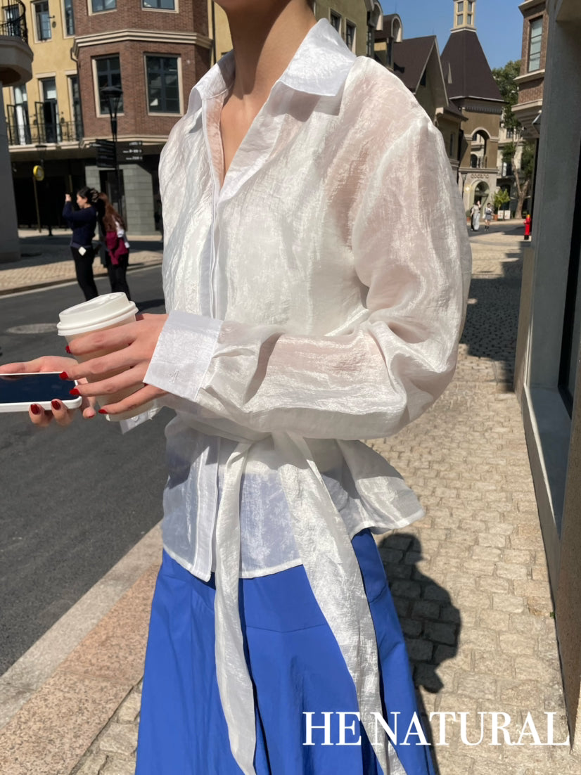 HE NATURAL French Asymmetric Knotted Design Shirt - Elegant Spring Business Casual Blouse