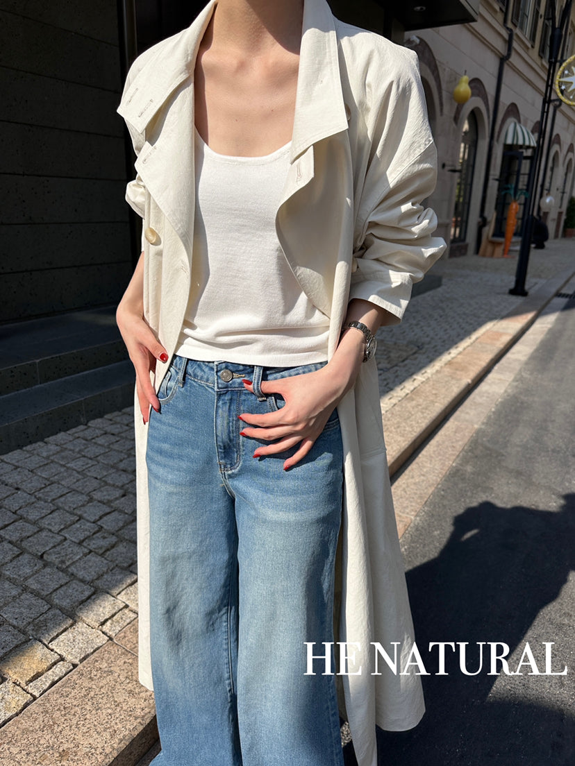 HE NATURAL Premium Classic Long Loose Trench Coat with Detachable Belt