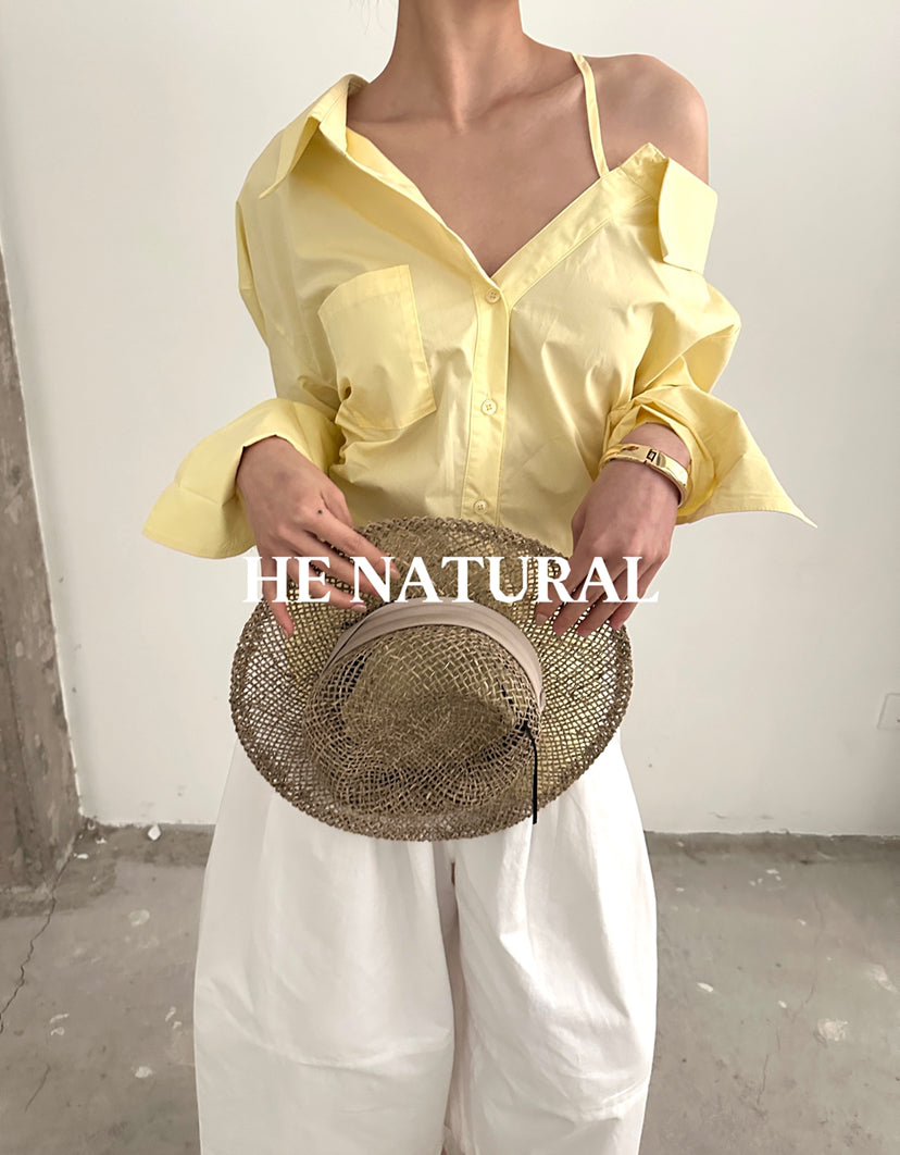 HE NATURAL Elegant One-Shoulder Pleated Blouse - Chic Spring Solid Color Top