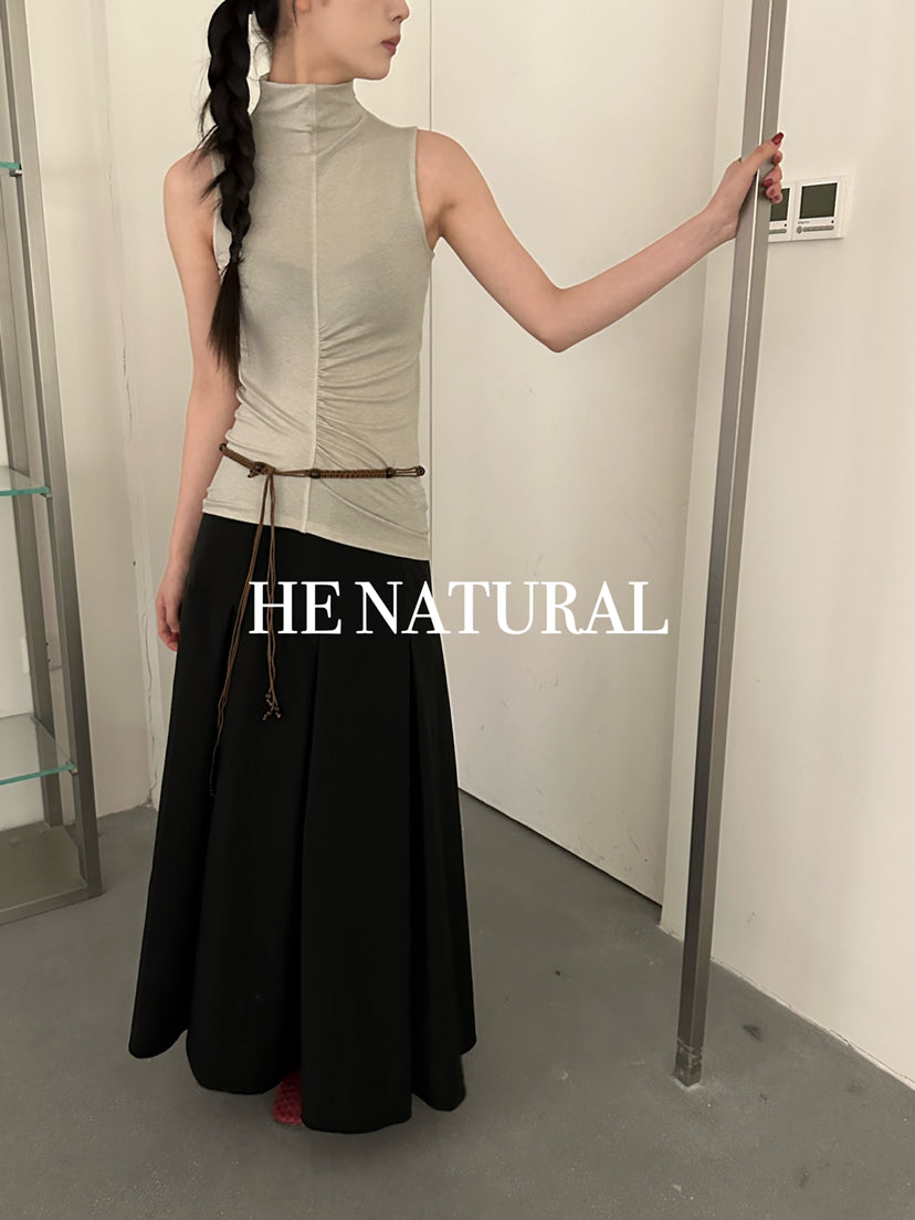 HE NATURAL Elegant High Neck Sleeveless Ruched Vest - Minimalist Summer Chic