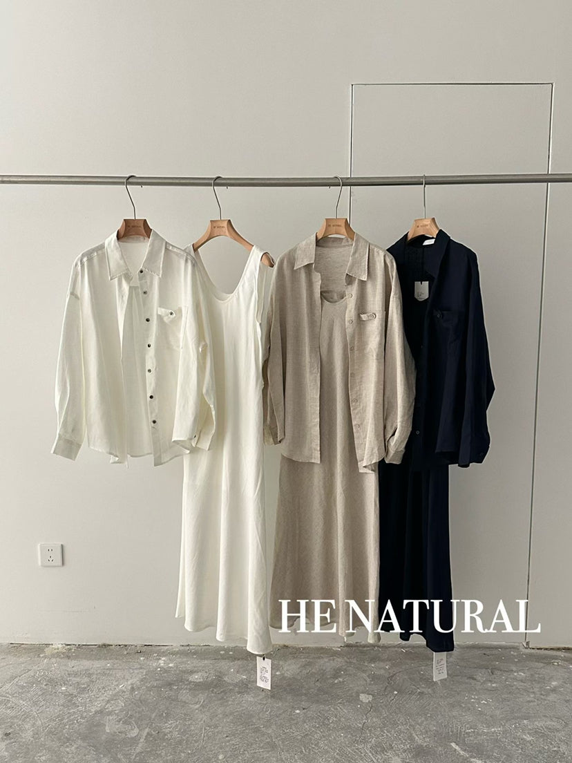 HE NATURAL Korean Style Loose Pocket Shirt & Minimalist Vest Dress Two-Piece Set