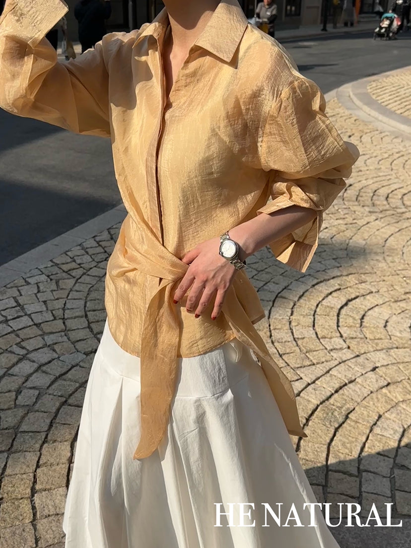 HE NATURAL French Asymmetric Knotted Design Shirt - Elegant Spring Business Casual Blouse