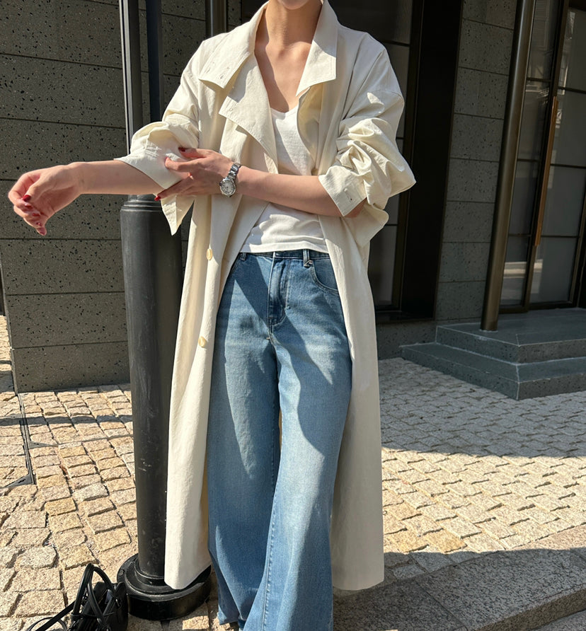 HE NATURAL Premium Classic Long Loose Trench Coat with Detachable Belt