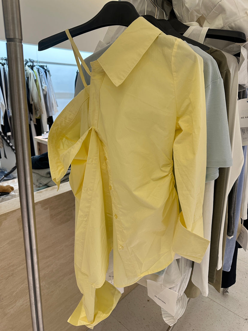 HE NATURAL Elegant One-Shoulder Pleated Blouse - Chic Spring Solid Color Top