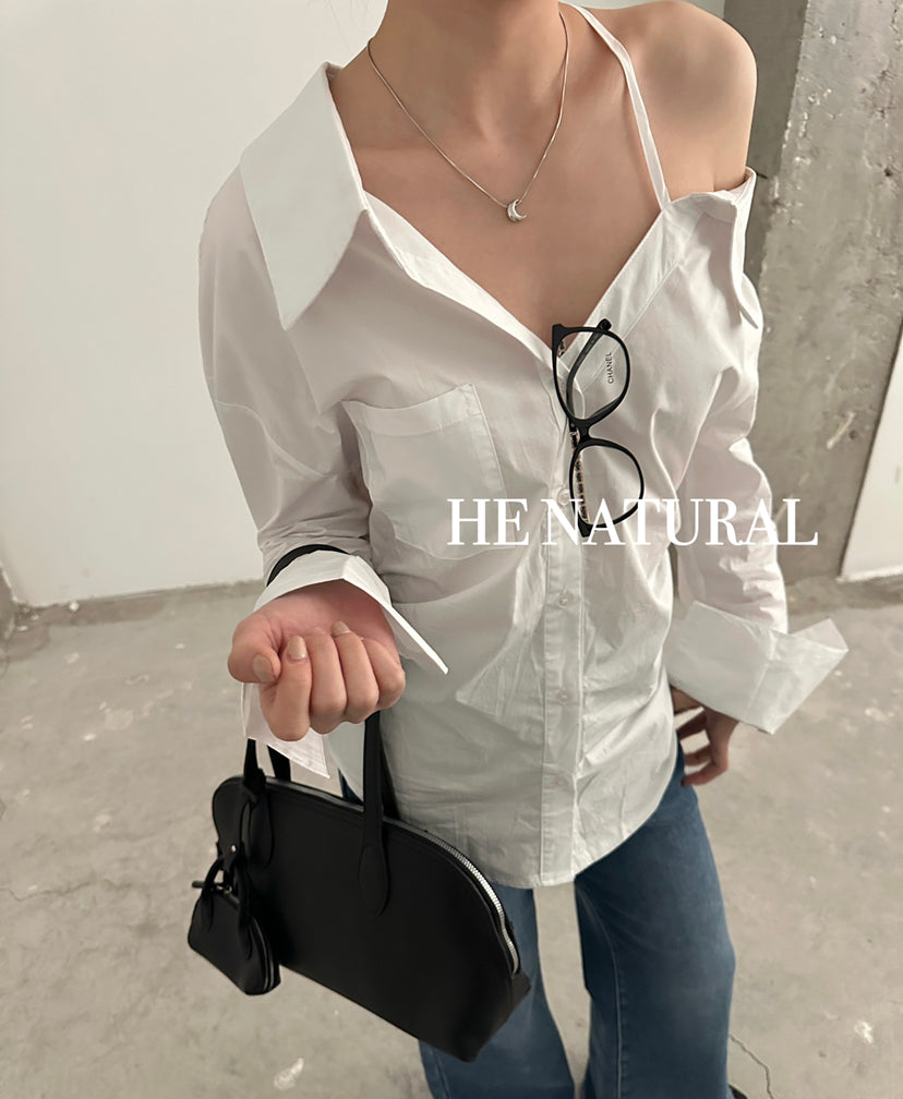 HE NATURAL Elegant One-Shoulder Pleated Blouse - Chic Spring Solid Color Top