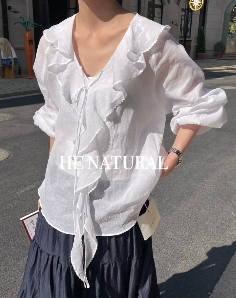 HE NATURAL Elegant Ruffled Tie-Neck Blouse - Spring Lantern Sleeve Pullover