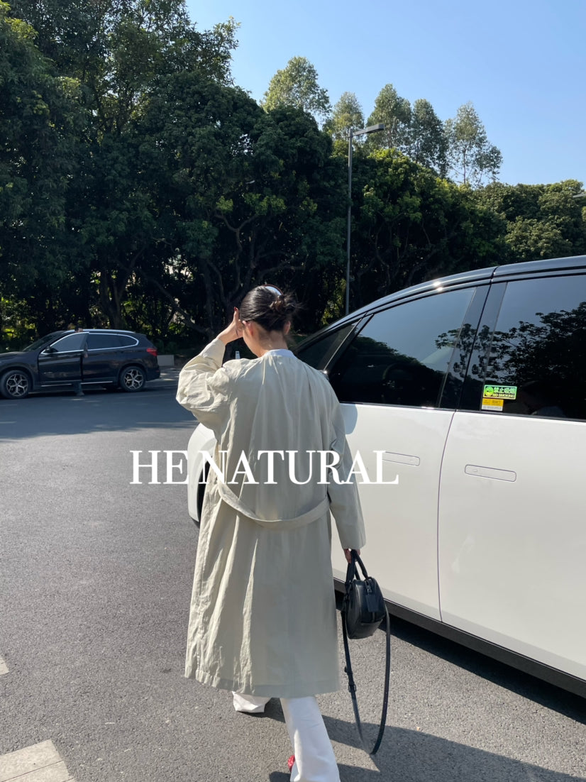 HE NATURAL 2026 Spring Collection Minimalist Long Loose Fit Trench Coat with Belt