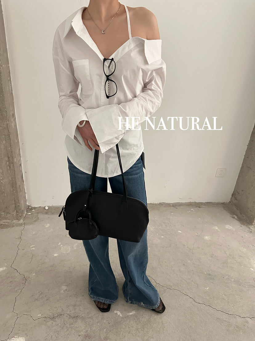 HE NATURAL Elegant One-Shoulder Pleated Blouse - Chic Spring Solid Color Top