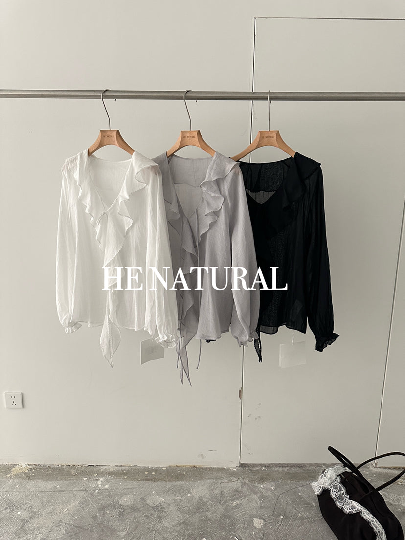 HE NATURAL Elegant Ruffled Tie-Neck Blouse - Spring Lantern Sleeve Pullover