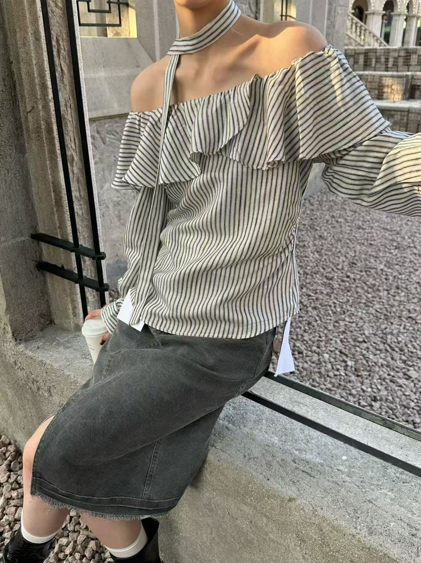 Spring 2026 Collection! [HE NATURAL] Elegant Boat Neck Striped Blouse (with Streamer) 88126# MXN